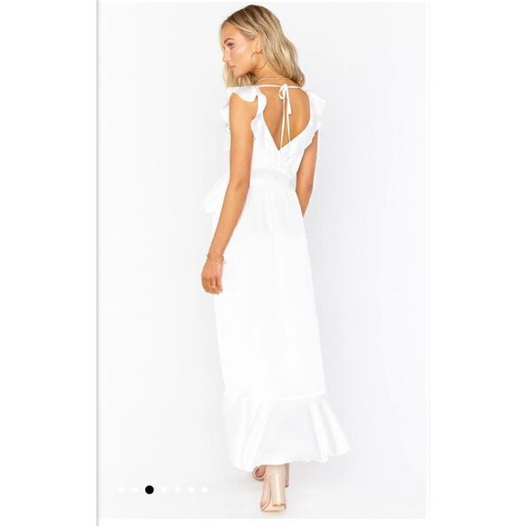 Show Me Your Mumu Samantha Ruffle Wrap Dress in ivory luxe satin Size M - Picture 3 of 10